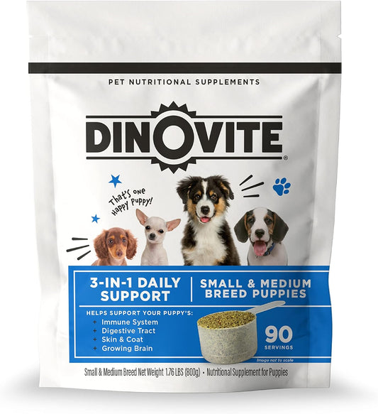 Dinovite 3 in 1 Probiotic for Puppies, Skin & Coat, Digestive Health & Joint Relief, Dog Food Toppers, Salmon Oil, Glucosamine, Allergy Relief & Itch Relief Skin Care, 90 Servings (Puppy)