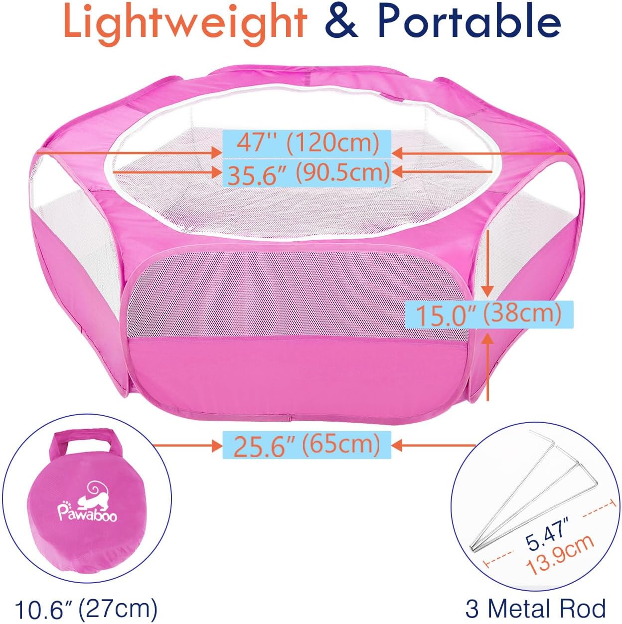 Pawaboo Small Animals Playpen, Waterproof Small Pet Cage Tent with Zippered Cover, Portable Outdoor Yard Fence with 3 Metal Rod for Chick/Kitten/Puppy/Guinea Pig/Rabbits/Hamster/Chinchillas,Magenta