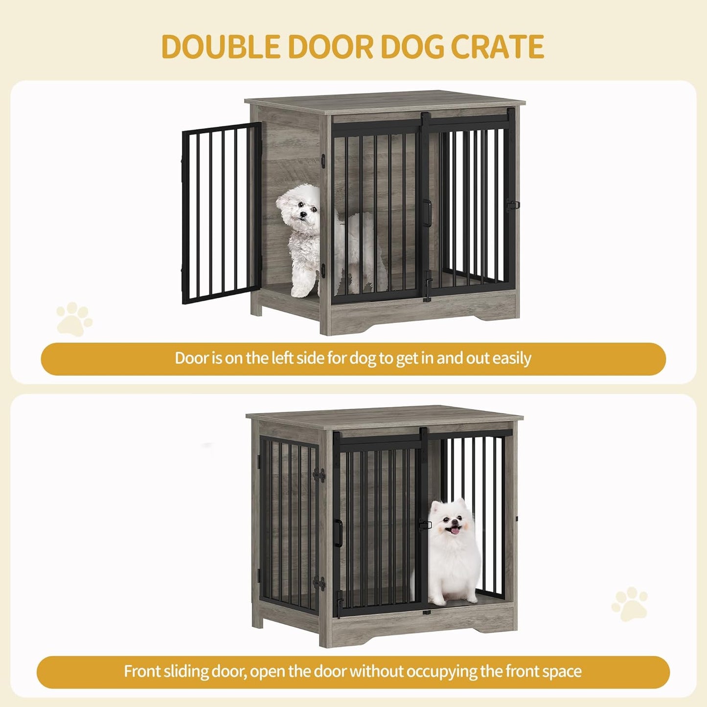 27.2" Dog Crate Furniture with Barn Door, Heavy Duty Dog Kennel Indoor with 2 Doors, Wooden Pet Cage End Table for Small Medium Dogs up to 22 lb, Anti-Chew Anti-Escape, Greige DFC84305B