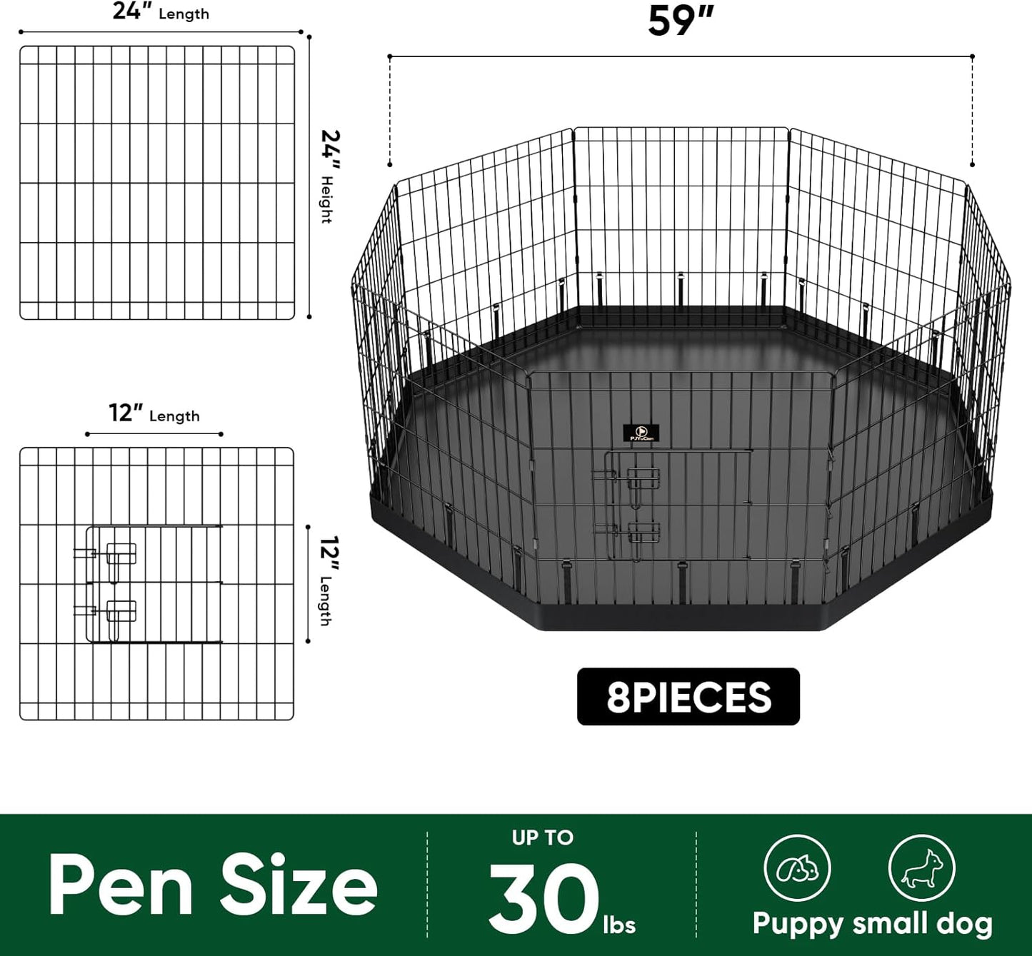 PJYuCien Dog Playpen, 8 Panels 24’’H Dog Pens Indoor with Bottom Pad, Metal Foldable Pet Puppy Exercise Fence Crate Kennel, Better for Small Animals, Black
