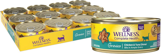 Wellness Complete Health Gravy Adult Wet Cat Food, Natural, Protein-Rich, Grain Free, 5.5 Ounce, 12 Pack, (Chicken & Tuna Dinner)