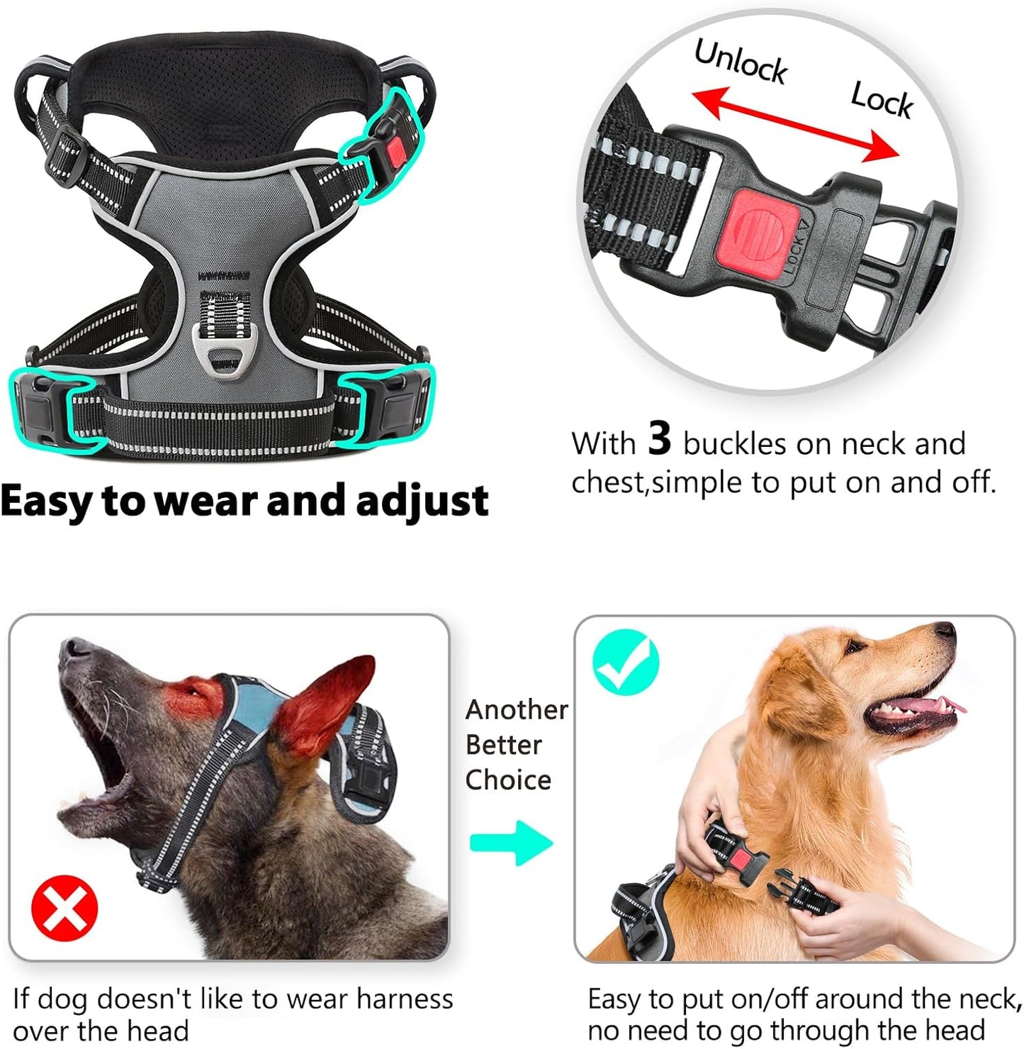 Timos Dog Harness Medium Sized, No Pull with Neck Lockable Snap,No Choke Front Clip Dog Reflective Harness,Adjustable Metal Rings 3 Buckles,Easy Control Handle for Medium Dogs Gray M