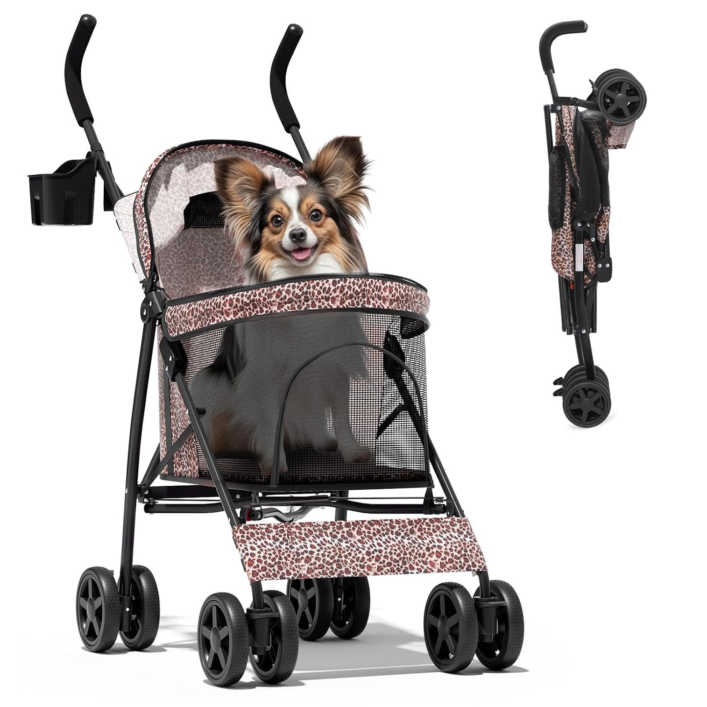 Magshion Compact Pet Stroller for Small-Medium Dogs/Cats up to 22lbs, 4-Wheel Lightweight Umbrella Shaped Portable Puppy Travel Jogger with Breathable Mesh, Cup Holder & Rear Storage, Leopard Print