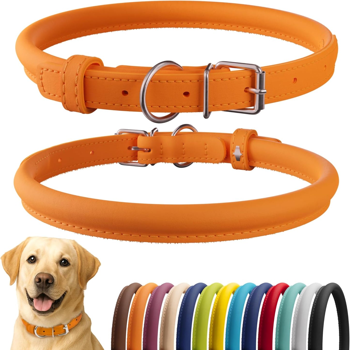 CollarDirect Rolled Leather Dog Collar, Soft Padded Round Puppy Collar, Handmade Genuine Leather Collar Dog Small Large Cat Collars 13 Colors (15-19 Inch, Orange Smooth)