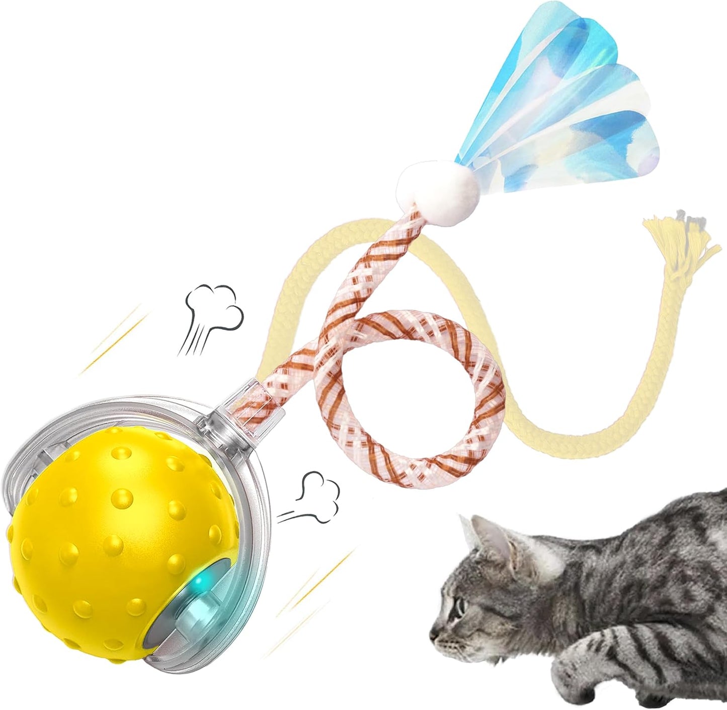 Interactive Cat Toy LED Rolling Ball — Motion-Activated, USB-C Rechargeable, 3 Play Modes, Replaceable Tails — Quiet Automatic Ball for Indoor Cats & Kittens — Safe & Durable (Yellow)