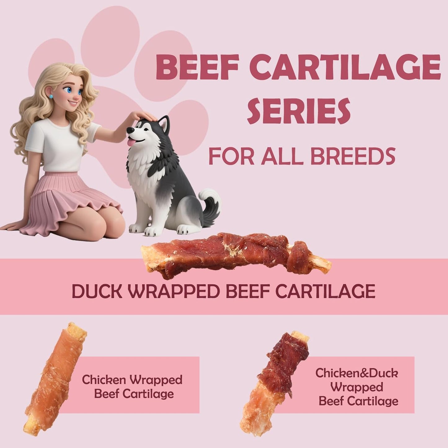 ASMPET Dog Treats, Duck Wrapped Beef Cartilage, Rawhide Free & Grain Free Dog Snacks