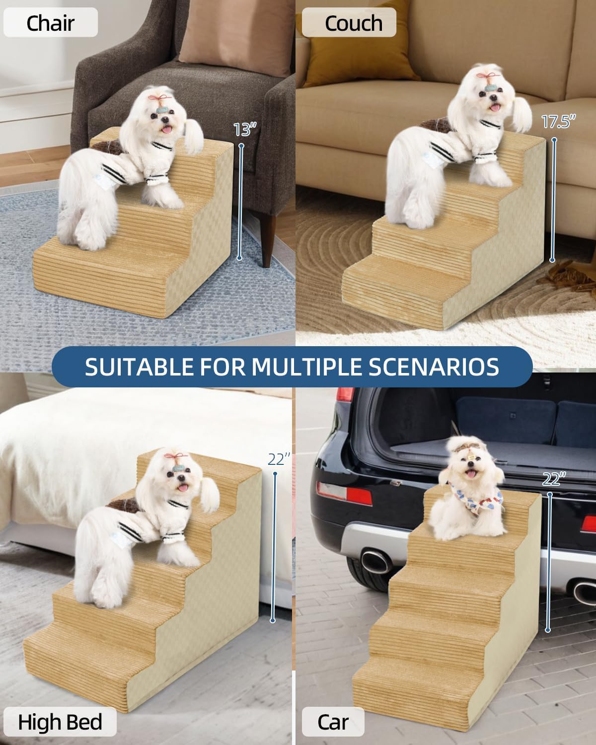 Dog Stairs for Small Dogs,17.5" H,4-Step Dog Steps for Bed and Couch with High Density Foam,Non-Slip Pet Steps for Doggy and Cat,Pet Stairs with a Washable Cover,Khaki