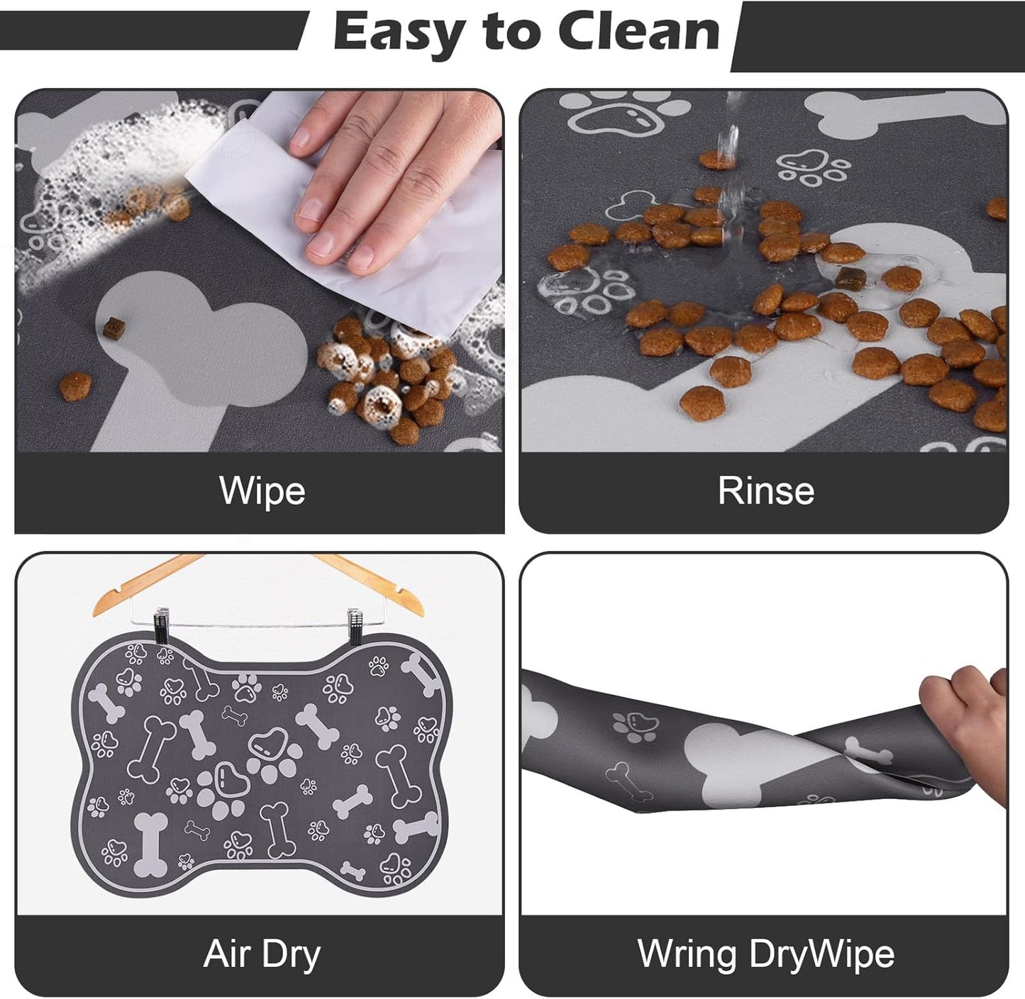 Dog Cat Food Mat,Rapid AbsorbentPet Feeding Mat, Bone Shaped Dog Placemat Water Bowl Mat with Rubber Backing,No Stains Dog Cat Food Mats Indoor, Pet Accessories Supplies 17""×29"" Dark Grey