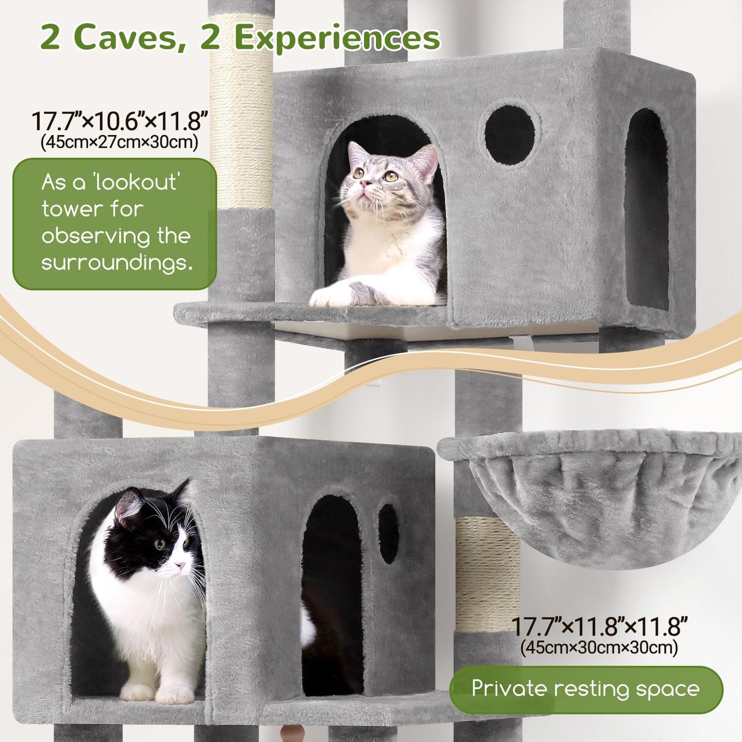 Globlazer Cat Tree, 70 inch Tall Scratching Tower Multi-Level Cat Condo for Indoor Multiple Cats with 2 Large Cat Caves, Top Perch, Large Platform, Bottom Swing, F70B, Light Grey