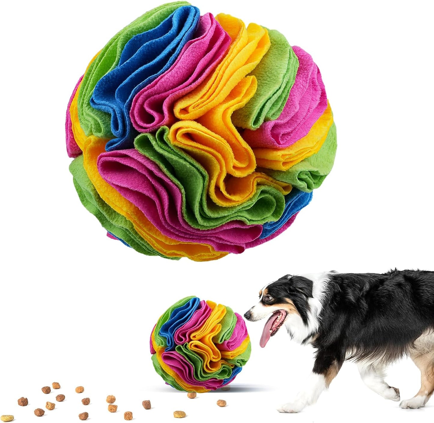 Pet Snuffle Ball, Puzzle Sniffing Interactive Dog Ball for Blind Dogs Training Stress Relief Dog Enrichment Toys Treat Machine Washable (20cm, New Rainbow Color)
