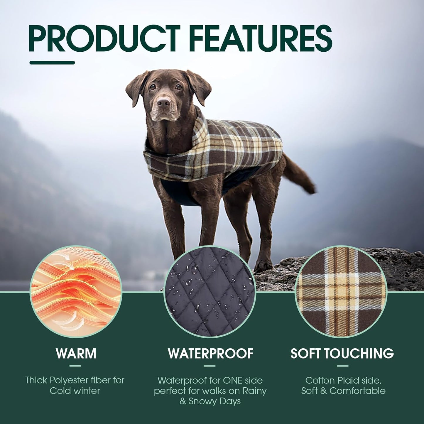 Kuoser Warm Dog Coat, Waterproof Dog Jacket for Extra Large Dogs, Adjustable Durable XXXL Doggie Winter Coat Reversible Puppy Cold Weather Apparel for Large Breed, New Brown 3XL