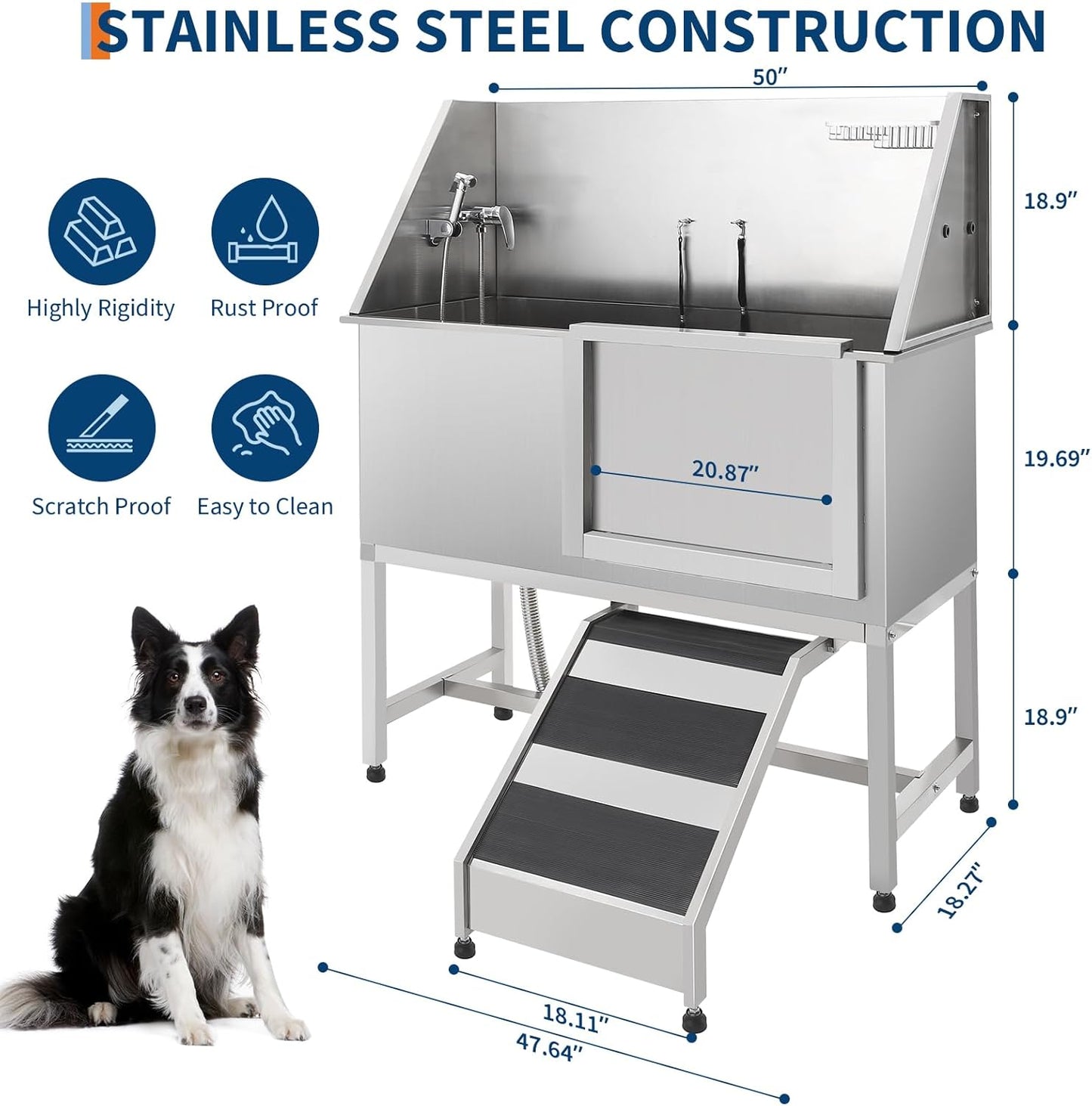 Stainless Steel Dog Washing Station - Dog Bath Tub for Large, Medium, Small Dogs, Pet Grooming Tub with Ramp, Non-Slip Grate, Shower, Soap Box, Faucet, Drain for Home & Outdoor （Right RAMP, 60"）