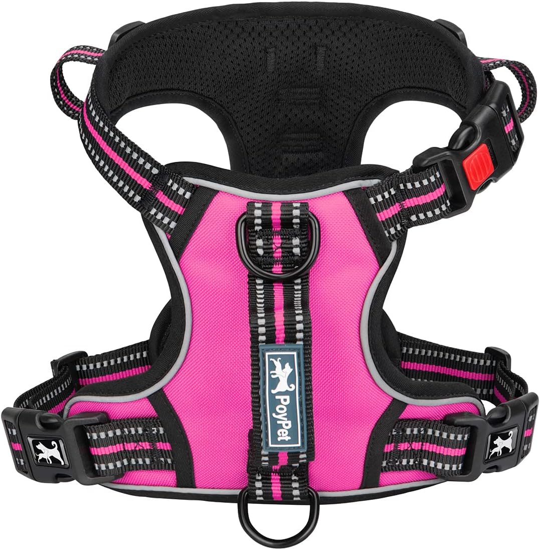 PoyPet No Pull Dog Harness, No Choke Front Clip Reflective Dog Vest with Soft Padded Vertical Handle, 3 Leash Attachments for Small Medium Large Dogs (Pink,S)