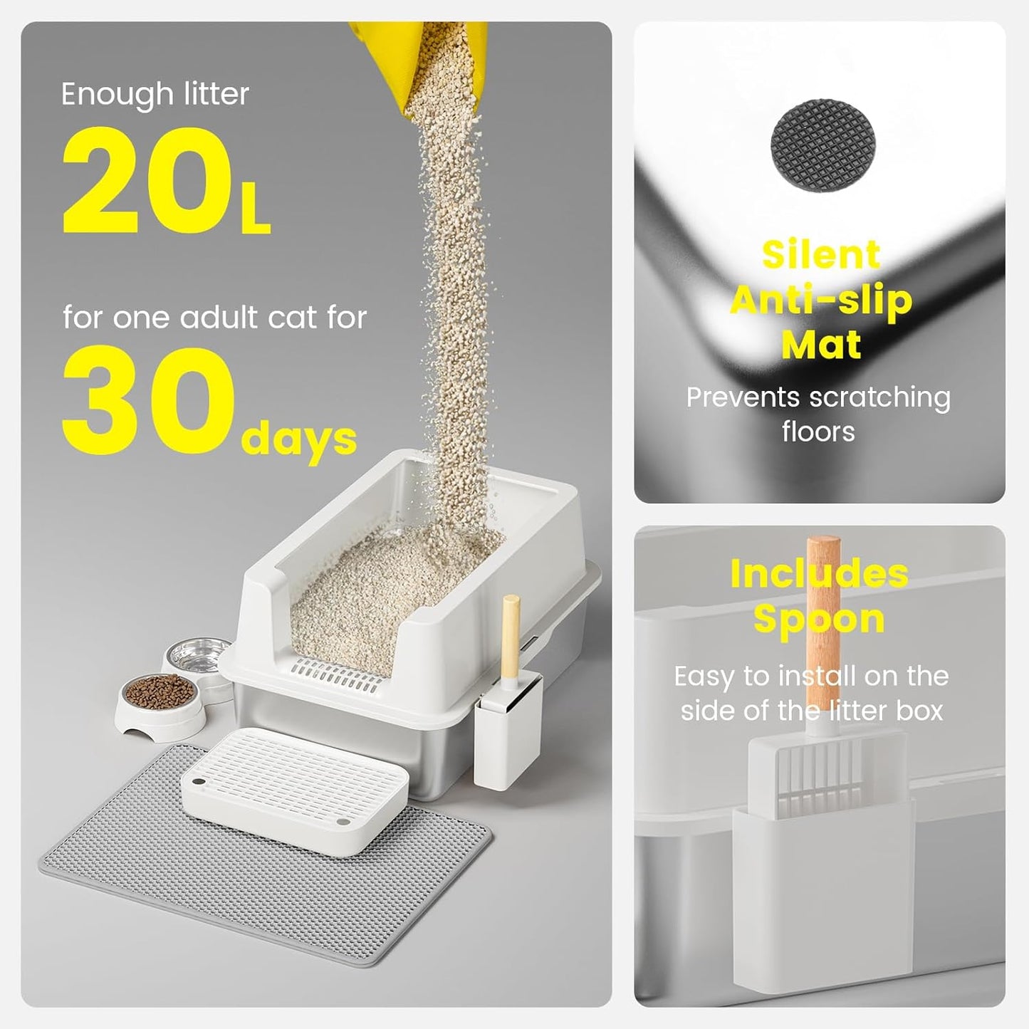 Stainless Steel Cat Litter Box - Enclosed XL Metal Kitty Litter Box with Lid for Big Cats, High Sided, Anti-Leakage, Easy Cleaning, Non-Sticky, Included Litter Mat, Cat Bowl & Spoon