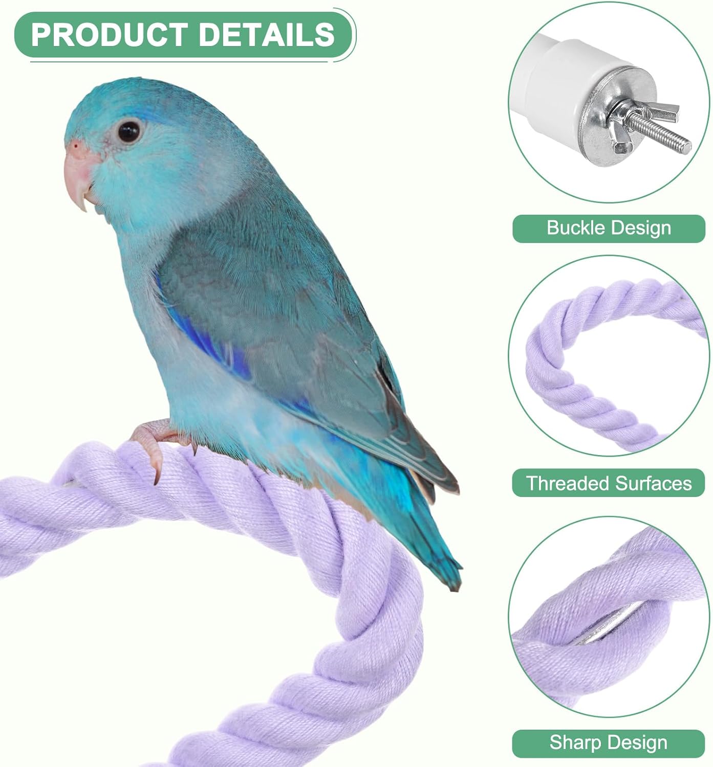 1-Pack Rope Perches for Bird Cages, 31.5 in Length Comfort Grip Flexible Rope Perch Beak & Paw Grinding for Parrots/Cockatiels/Parakeets, Bird Platform Sand [Purple]