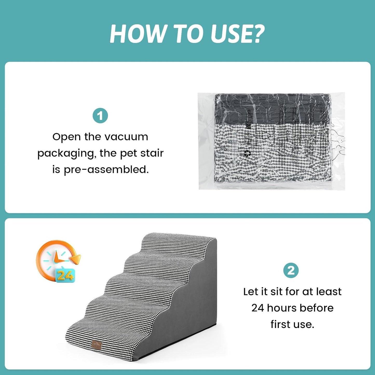 Extra Wide Dog Stairs 19.7" Width, Large Pet Step for Small Medium Dog, Puppy or Cat, Ramp for High Bed or Car, High Density Foam Ladder, Stable, 5 Step, 19.7x33x22.4 inch, White Black