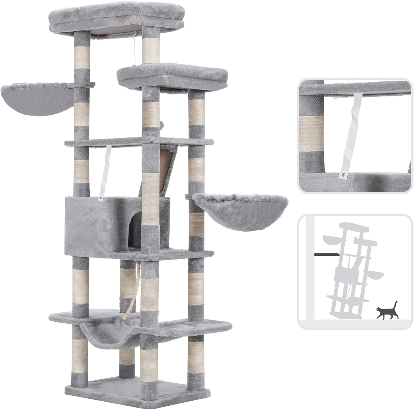 Heybly Cat Tree, 68 inch Multi-Level Cat Tower for Indoor Cats, 2 Widened Plush Perches Cat Condo with Scratching Board and Big Caves, Light Gray HCT025W