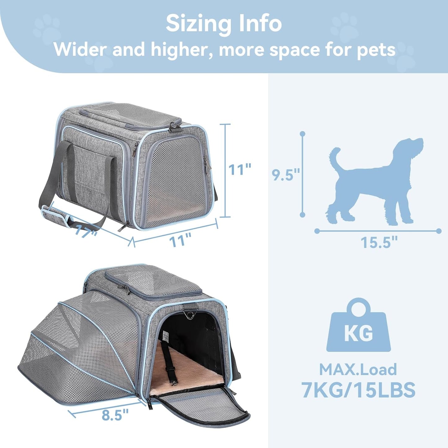 Petsfit Expandable Cat Carrier Dog Carriers,Airline Approved Soft-Sided Portable Pet Travel Washable Carrier for Kittens,Puppies,Removable Soft Plush mat and Pockets,Locking Safety Zippers