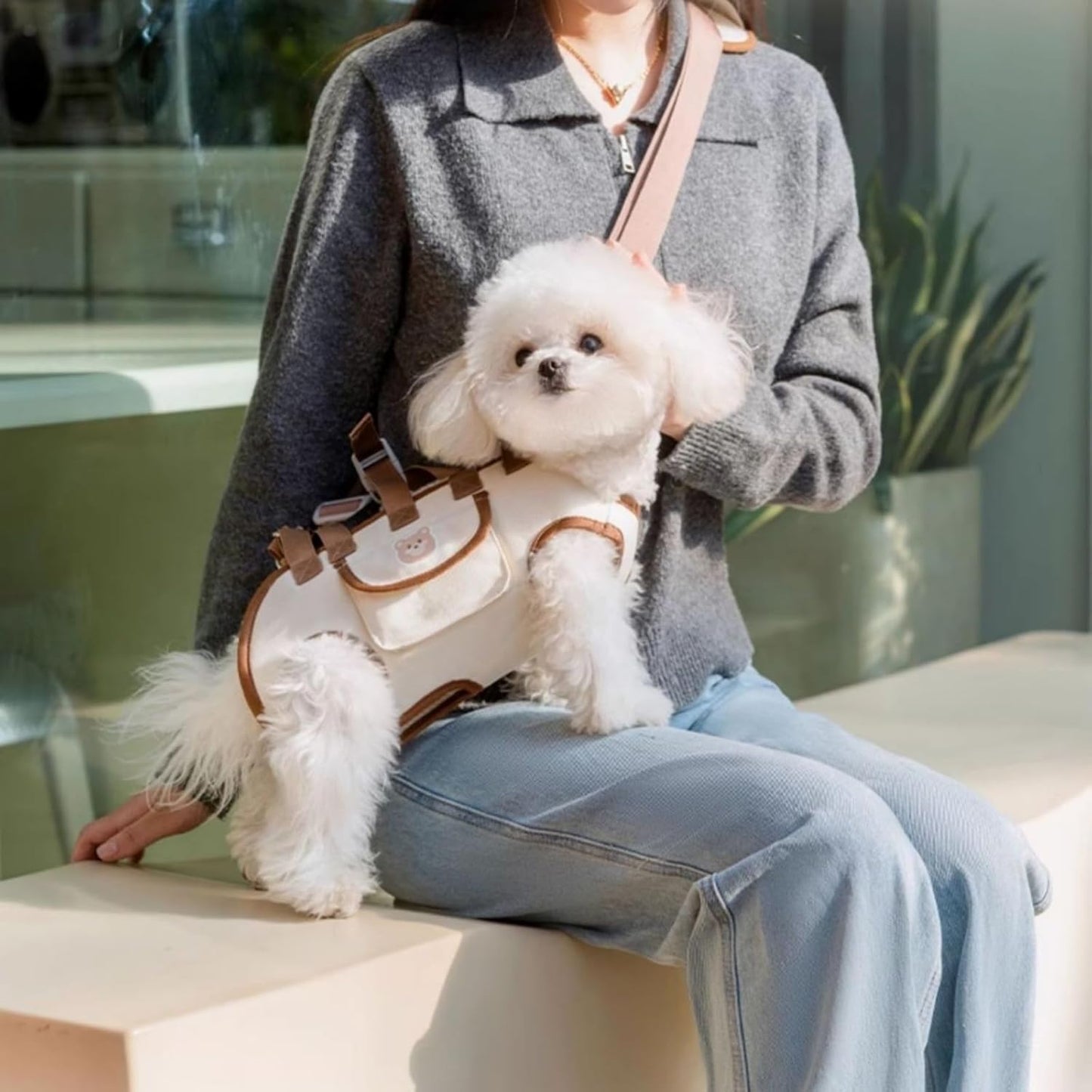 Portable Breathable Pet Carrier Sling & Backpack for Dogs & Cats, Adjustable Full-Body Harness with Traction Leash, Crossbody & Car-Friendly (Medium)