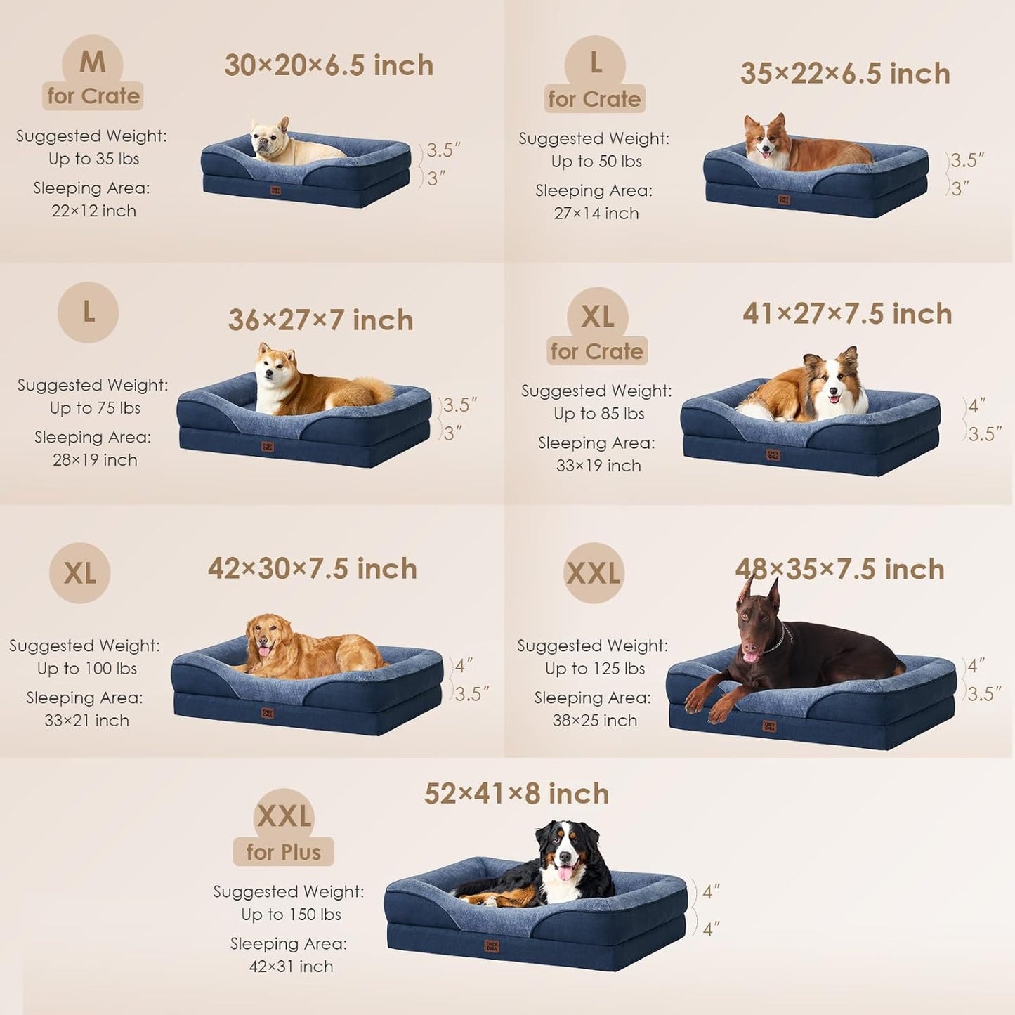EHEYCIGA Memory Foam Dog Bed for Large Sized, Orthopedic Dog Sofa with Sides and Waterproof Liner, Washable Bolster Pet Couch with Removable Cover, 41x27x7.5 Inch, Navy