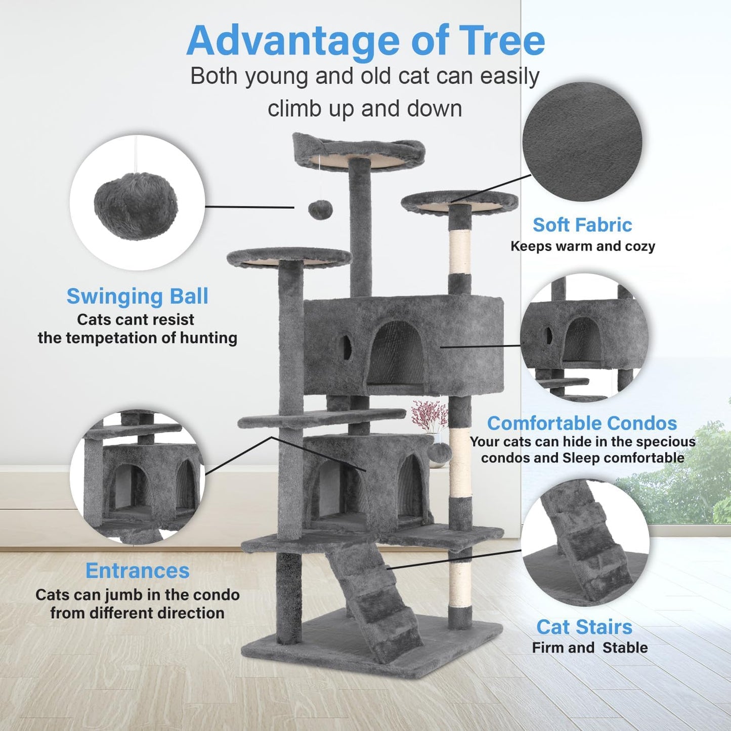 FDW Cat Tree 54in Cat Tower Multi-Level Durable Cat Scratching Post & Cozy Fun Cat Jumping Platform Space Saving Cat Condo Pet Play House for Indoor Cats,Light Gray
