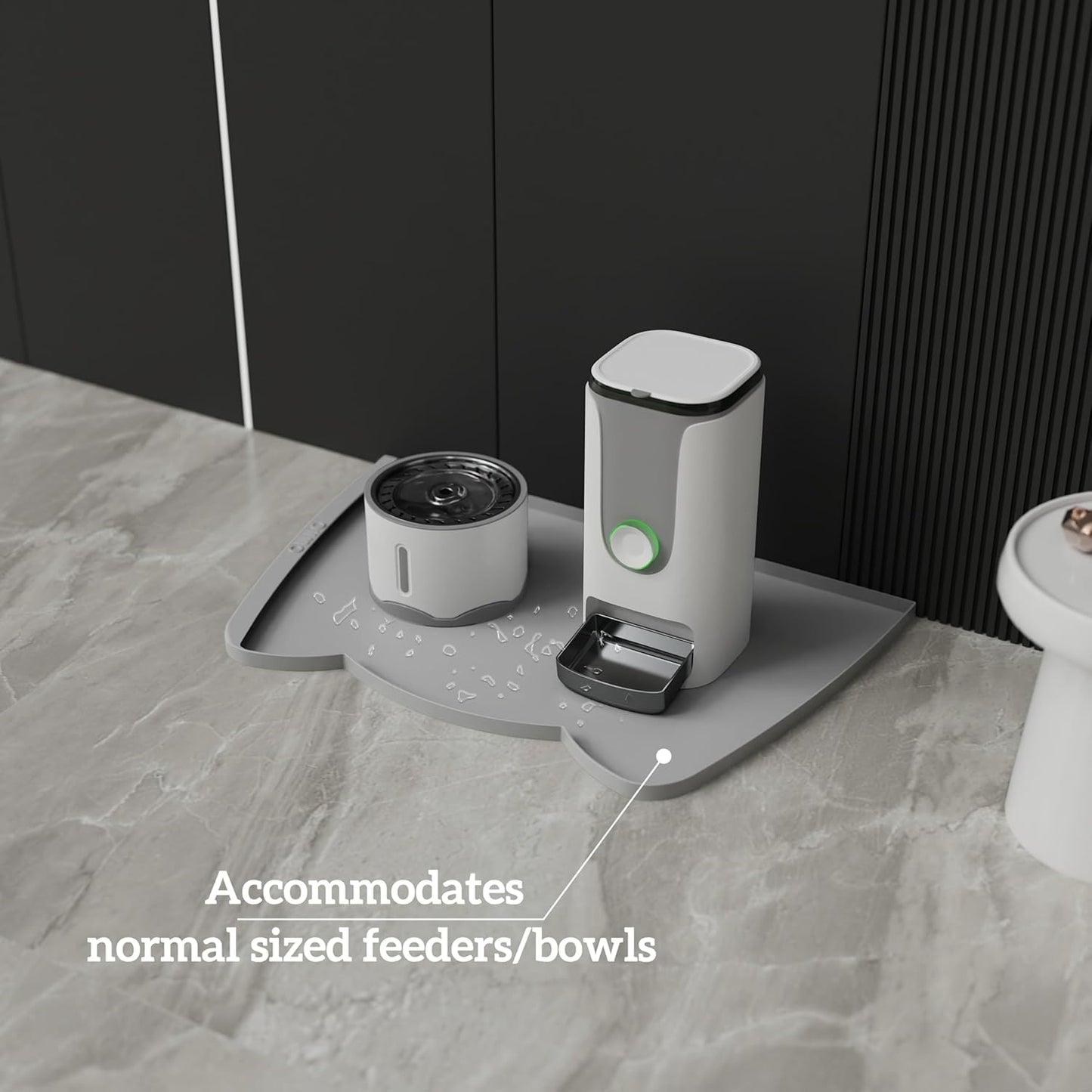 OHMO Dog Food Mat(Ash, 24 * 15'') w/Residue Collection Pocket Silicone Pet Feeding Mat for Floor High Edges Anti Spills Waterproof Cat Water Bowl Tray, Easy Clean Placemat