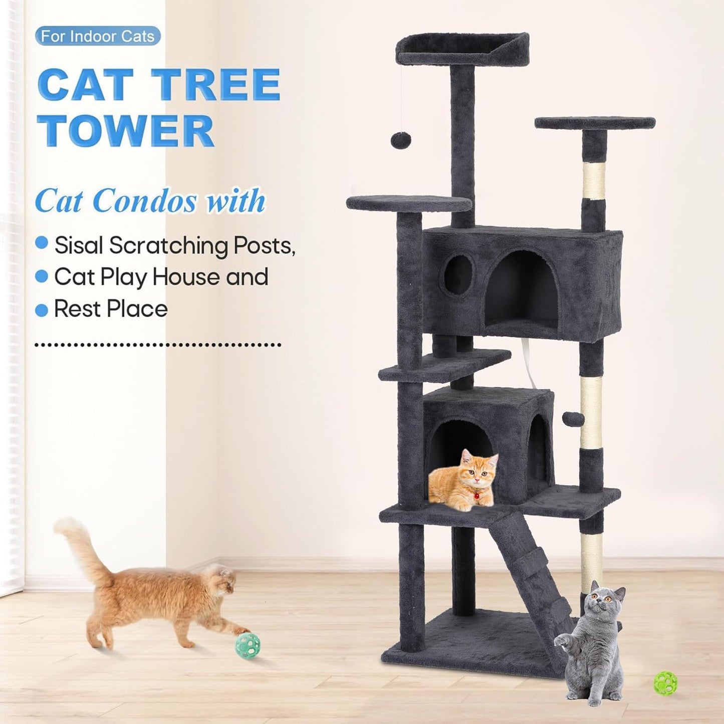 FDW Cat Tree Tower 62in Multi-Level Durable Cat Scratching Post & Cozy Fun Jumping Platform Space Saving Condo Pet Play House for Indoor Cats,Dark Gray