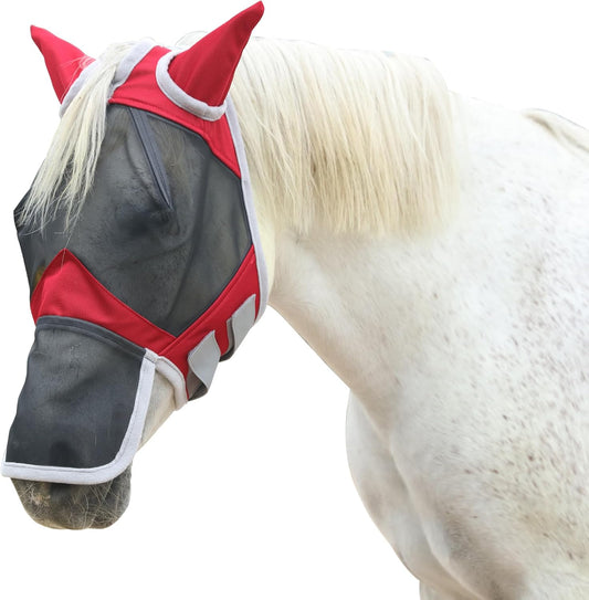 Horse Fly Mask with Ears & Long Nose Cover | Forelock Opening for Tangle-Free Mane Care | UV Protection & Breathable Mesh | No Rub Fit and Enhanced Visbility for Trail Riding Red Pony