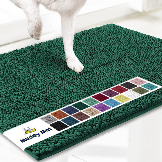 Muddy Mat® AS-SEEN-ON-TV Highly Absorbent Microfiber Door Mat and Pet Rug, Non Slip Thick Washable Area and Bath Mat Soft Chenille for Kitchen Bedroom Indoor and Outdoor - Dark Green 36" x 120"