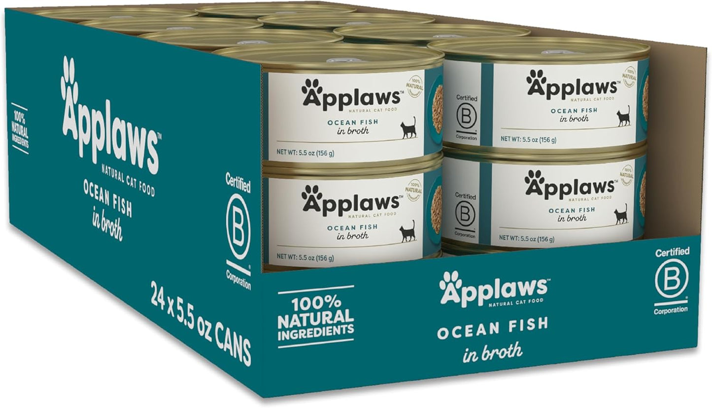 Applaws Natural Wet Cat Food, 24 Count, Limited Ingredient Canned Wet Cat Food, Ocean Fish in Broth, 5.5oz Cans