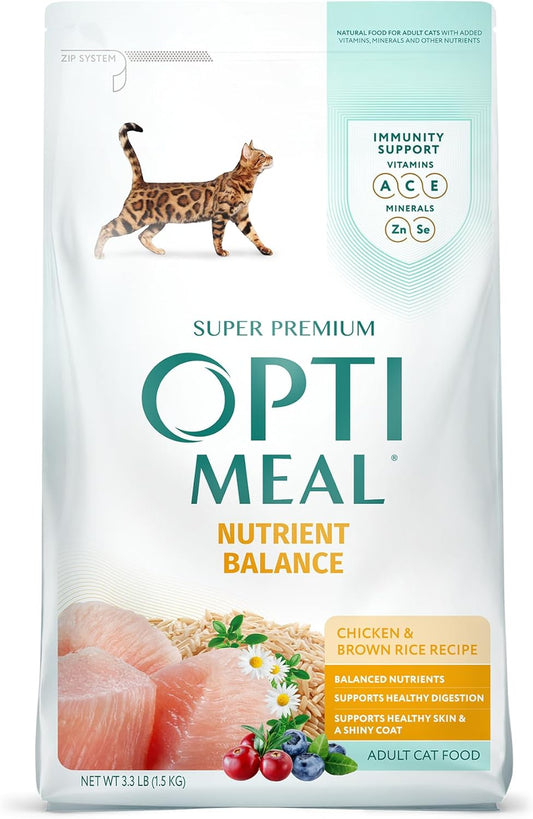 Optimeal Natural Dry Cat Food for Adult Cats - Proudly Ukrainian - Tasty and Nutritional Cat Food Dry Recipe with Immunity Support for Healthy Felines (3.3 lbs, Chicken & Brown Rice)