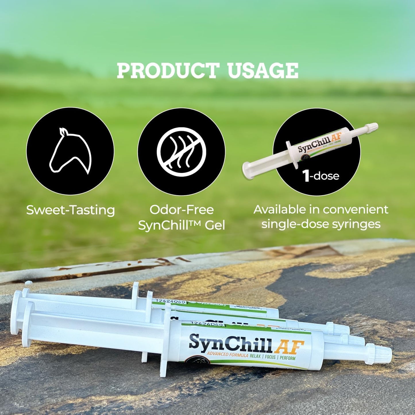SynChill AF Calming Gel for Nervous Horses - Single Serving - Advanced Formula with L-Theanine, Increased Potency, 100% Natural Supplement, Disposition & Confidence Support for Horses