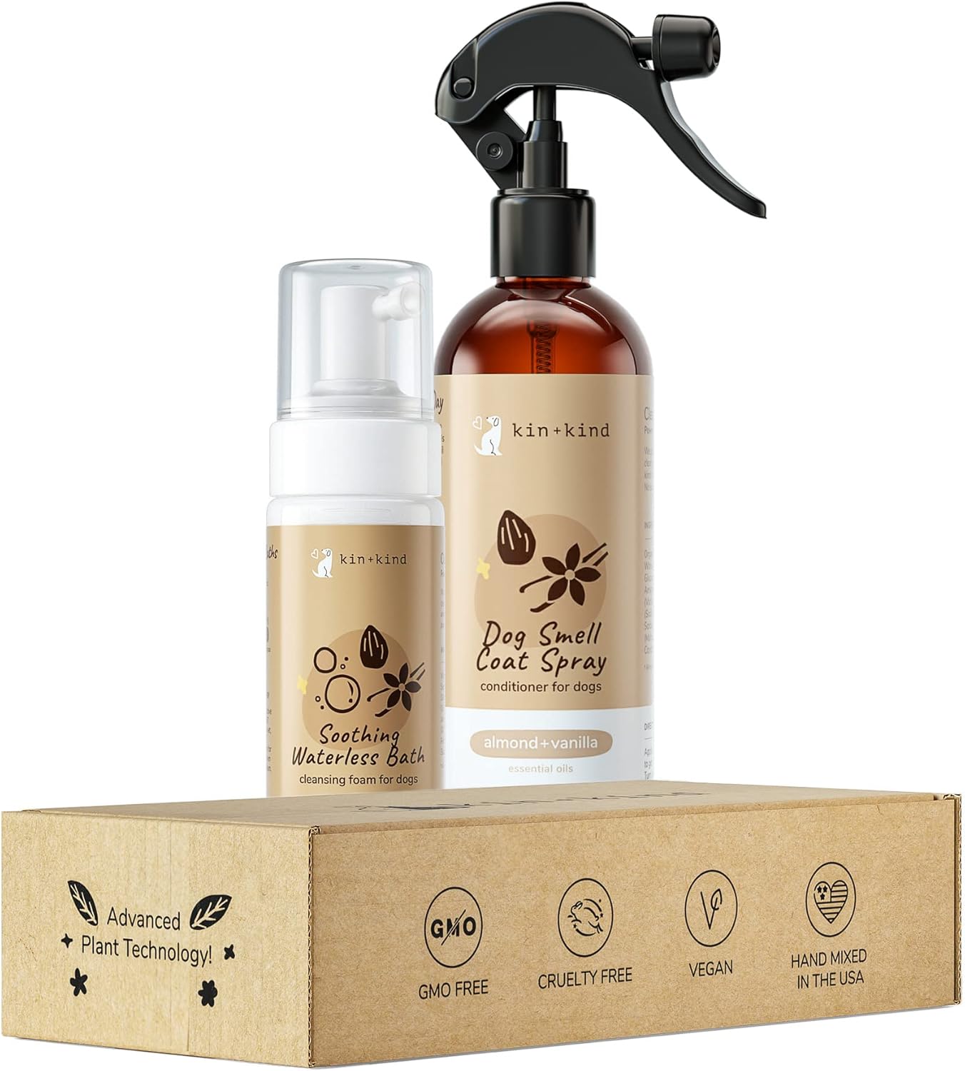 kin+Kind Dry Shampoo and Deodorizing Spray Bundle- Waterless Dog Shampoo & Pet Odor Eliminator Deodorizing Spray - Almond+Vanilla