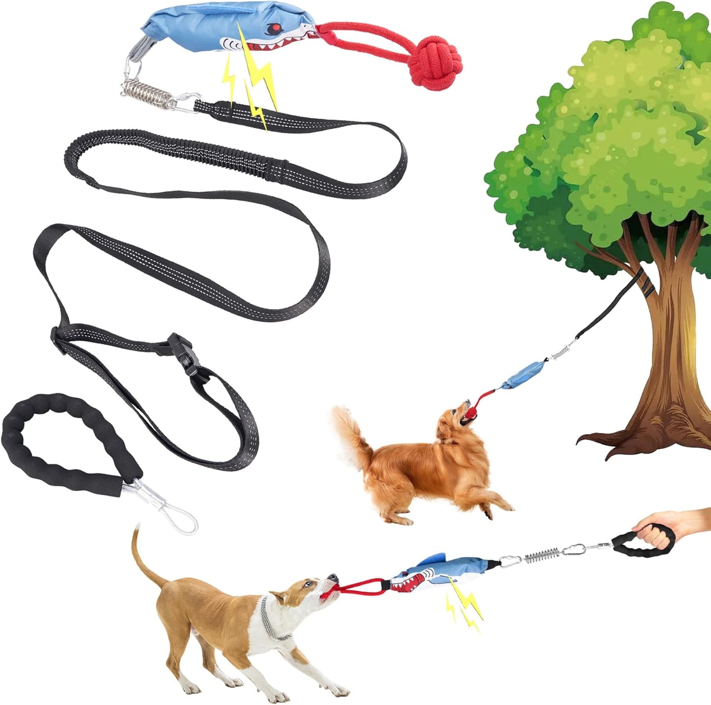 Dog Tree Tug of War Toy with Handles,Tethered Tug of War Outdoor Toy with Squeaky Self Play for Aggressive Chewers, Durable Bungee Cord with Chew Ball