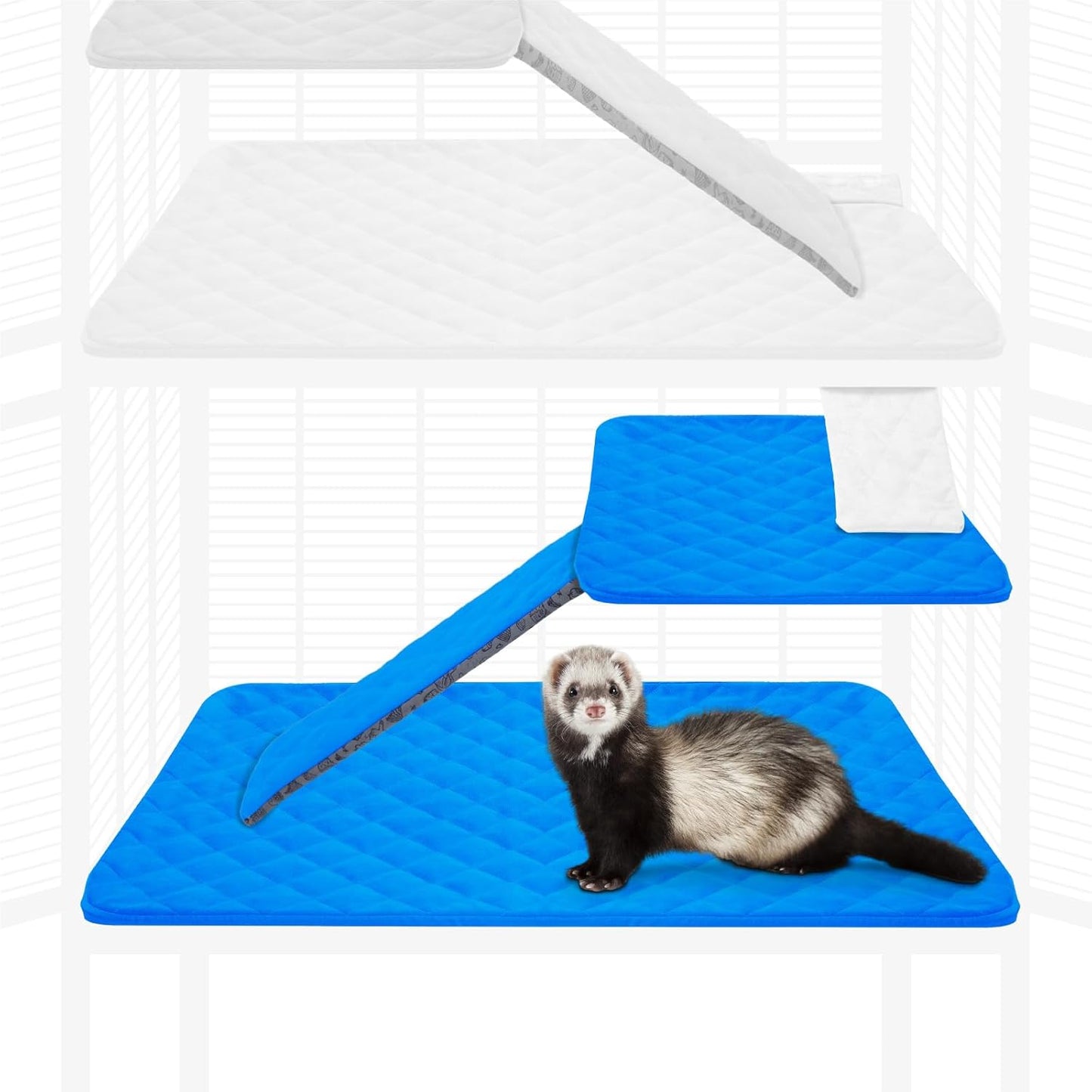 Paw Inspired Fitted Fleece Cage Liner Set for Ferret Nation, Critter Nation Single Unit (Bottom Pan Liner, Ramp Cover, Shelf Liner) for Ferrets, Rats, Chinchillas, Hedgehogs, Small Animals (Blue)