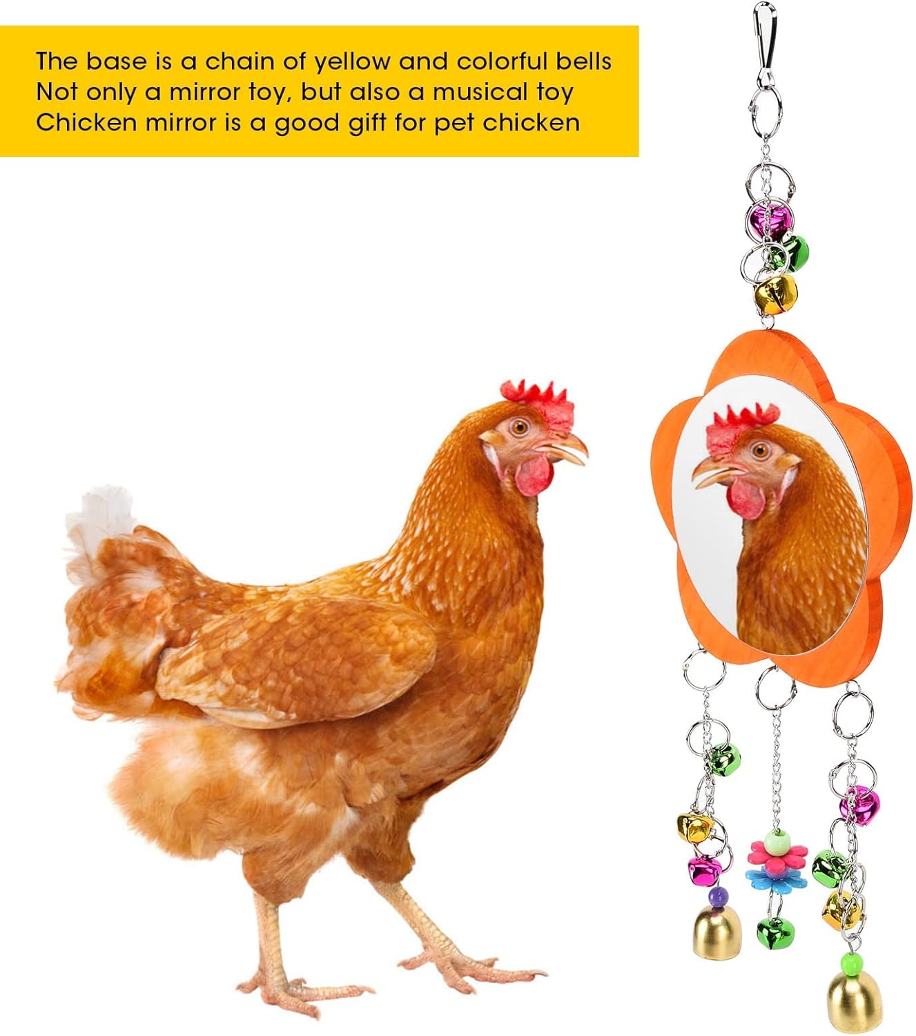 GLOGLOW Bird Mirror Toy, Hanging Parrot Mirror Rooster Toy Mirror with Colored Bells Interactive Playing Toy for Chicks Hens Cockatiel Parakeets Canaries Budgie