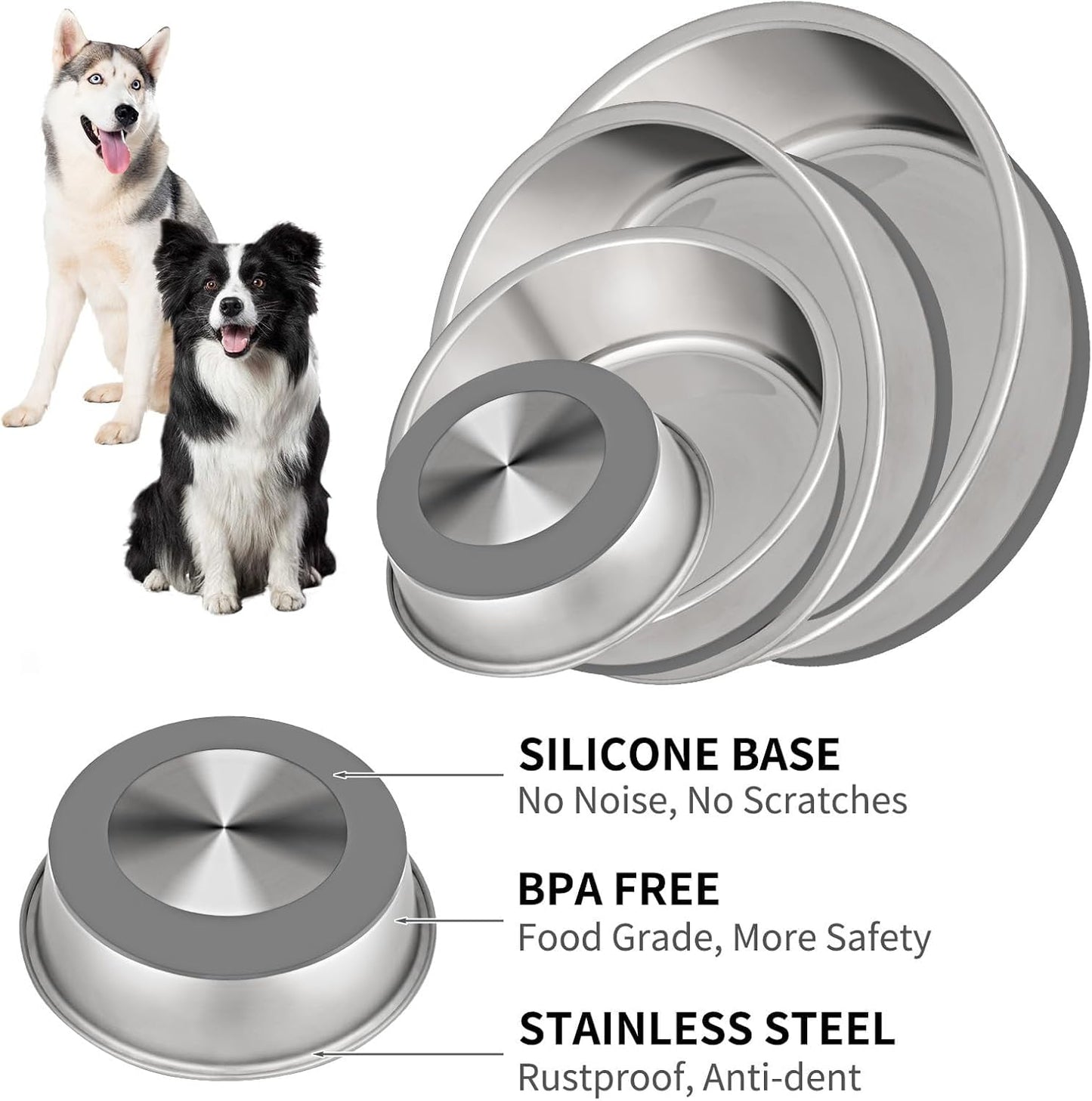 Taglory 8 Cup Stainless Steel Dog Bowls Set of 2 for Food and Water, Silicone Base Anti-Slip, Rust Resistant, Extra Thick Metal Bowls for Medium Dogs, 59oz, Gray