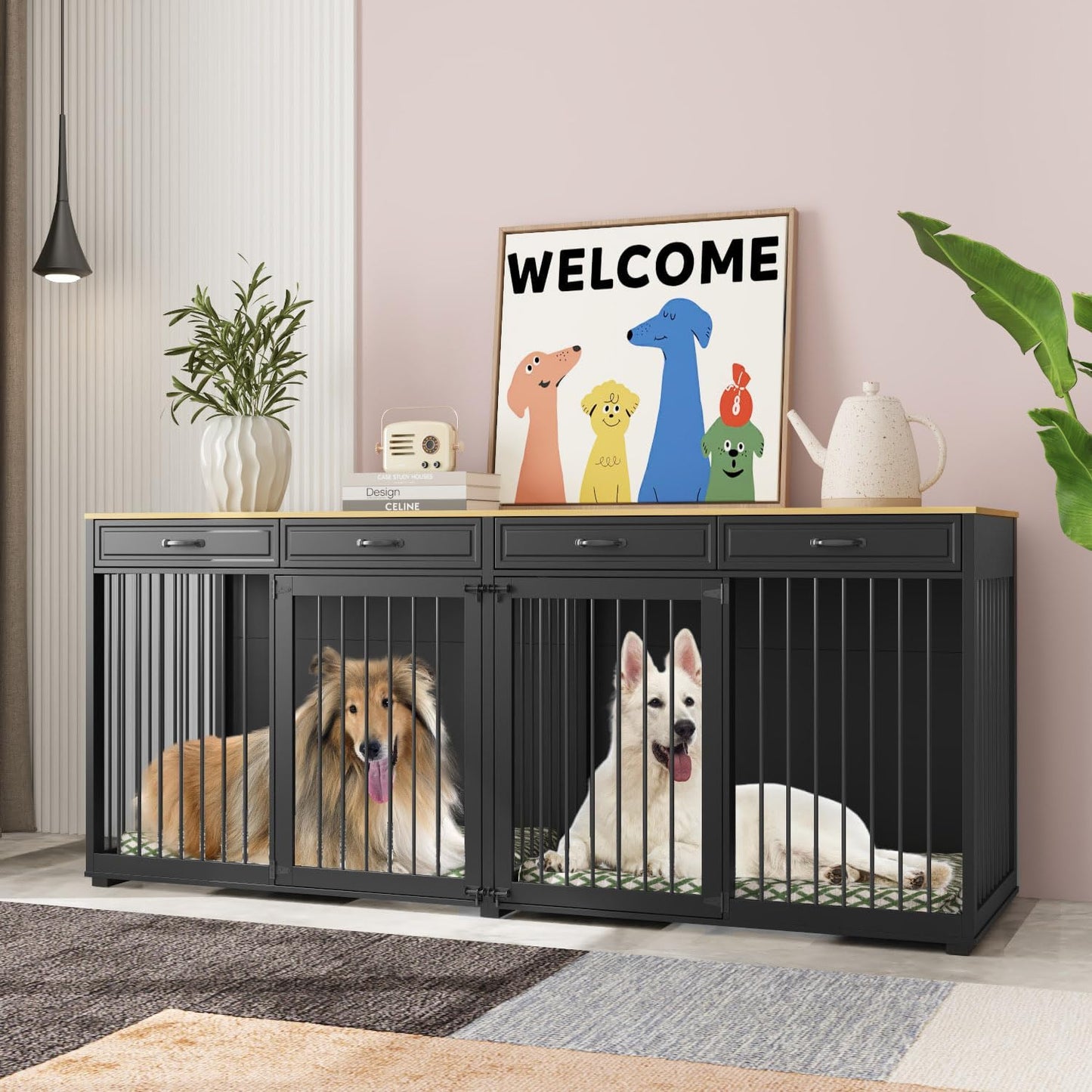 Extra Large Dog Crate with Double Rooms, 93" Heavy Duty Wooden Dog Cage Furniture Dog Crate Kennel w/Drawers & Removable Divider,Indoor Luxury Dog House for Large Dogs,Black