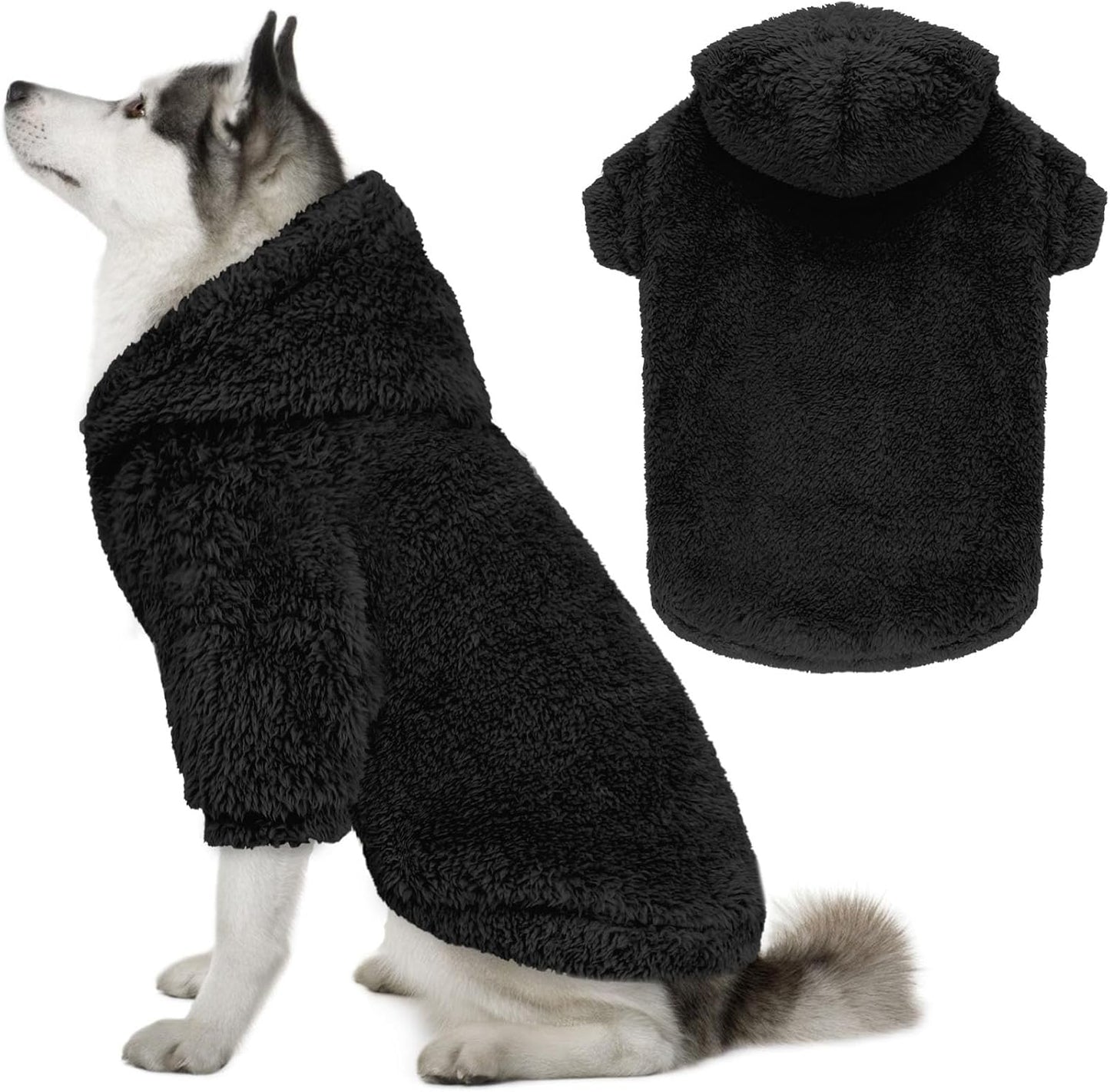 Fuzzy Dog Sweaters for Large Dogs Dog Hoodie Soft Double-Sided Plush Fleece Pet Sweater Clothes Coats Pet Hoodie Sherpa Hooded Sweatshirt(Black-XL)