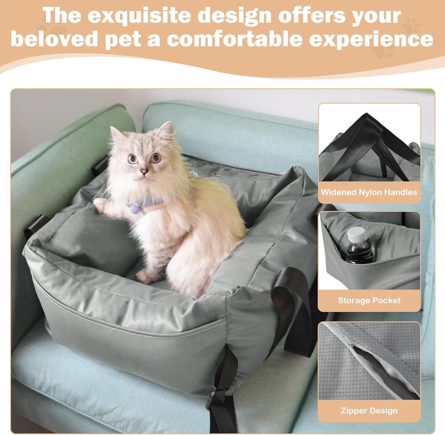 Dog Car Seat for Small Dogs, Large Leather Dog Car Bed with Storage Pocket, Waterproof PVC Leather Booster Seat Travel Bed for Front & Back Seat, Clip-On Safety Leash (Grey)