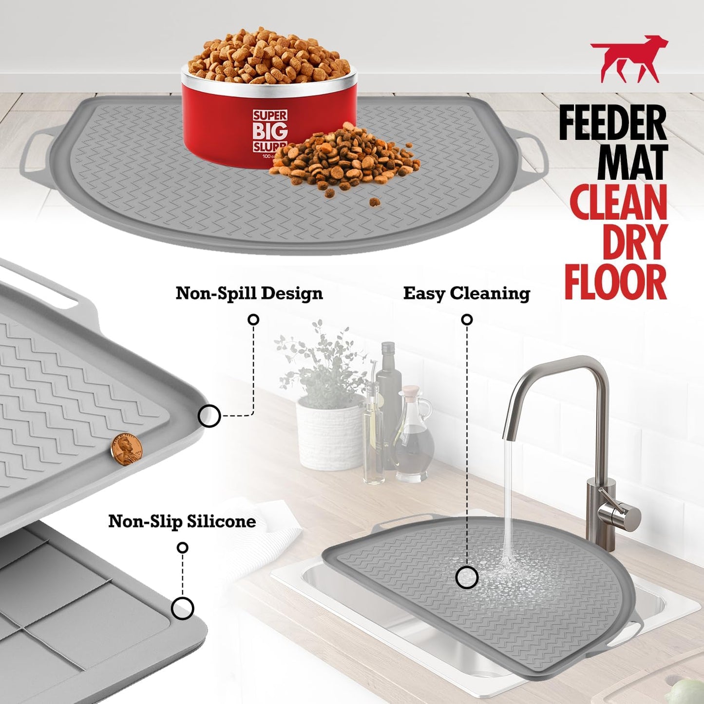 Tuff Pupper 26x21 Large Waterproof Pet Feeding Mat | Designed for Pet Fountains, Dog Gravity Water Bowls, Elevated Feeders | Raised Edges Prevent Spills | Dishwasher Safe | Non Slip Silicone Base
