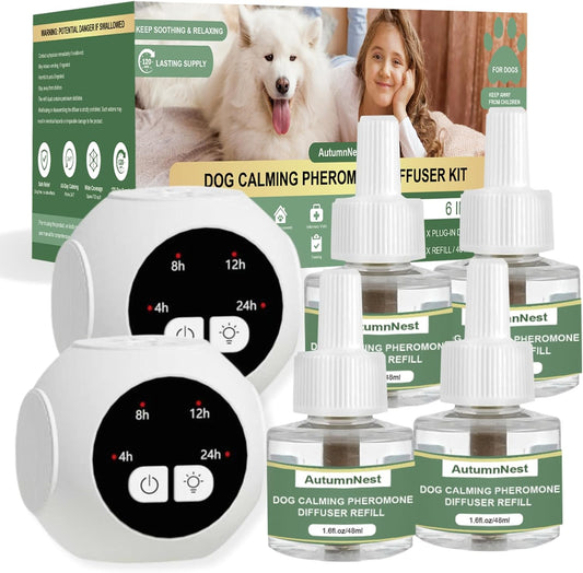 Dog Calming Pheromone Diffuser Kit with Timer – 2 Plug-Ins + 4 Refills – Smart 4-Level Timing Calming Aid – Stress Relief for Dogs – Help with Anxiety, Barking, Fighting, Thunder, Travel, Vet Visits
