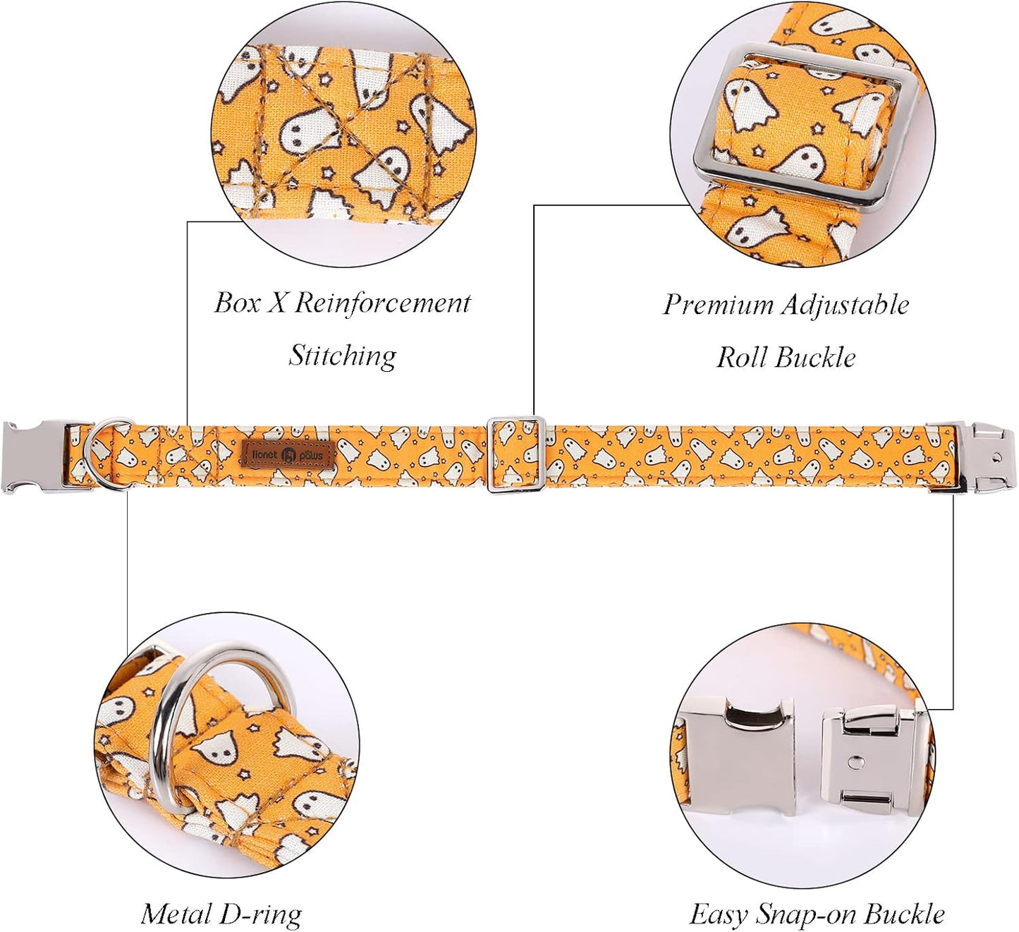 Lionet Paws Halloween Dog Collar with Bowtie - Cute Cotton Adjustable Fall Bowtie Dog Collar with Metal Buckle for Small Medium Large Dog Girl Boy Gift, L, Neck 16-24in