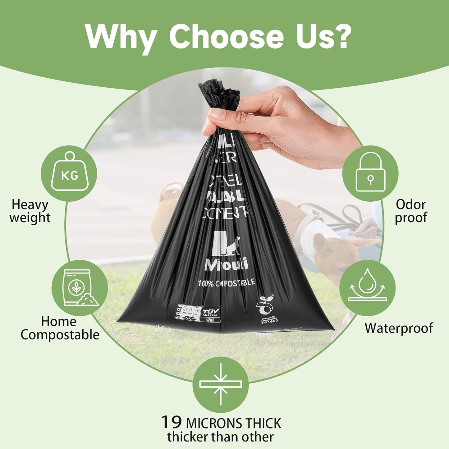 100% Certified Compostable Dog Poop Bag Rolls, 120 Bags (8 Rolls) Eco-Friendly Poop Bags for Dogs, Leak Proof Unscented Easy Open Poop Waste Bag（Black）