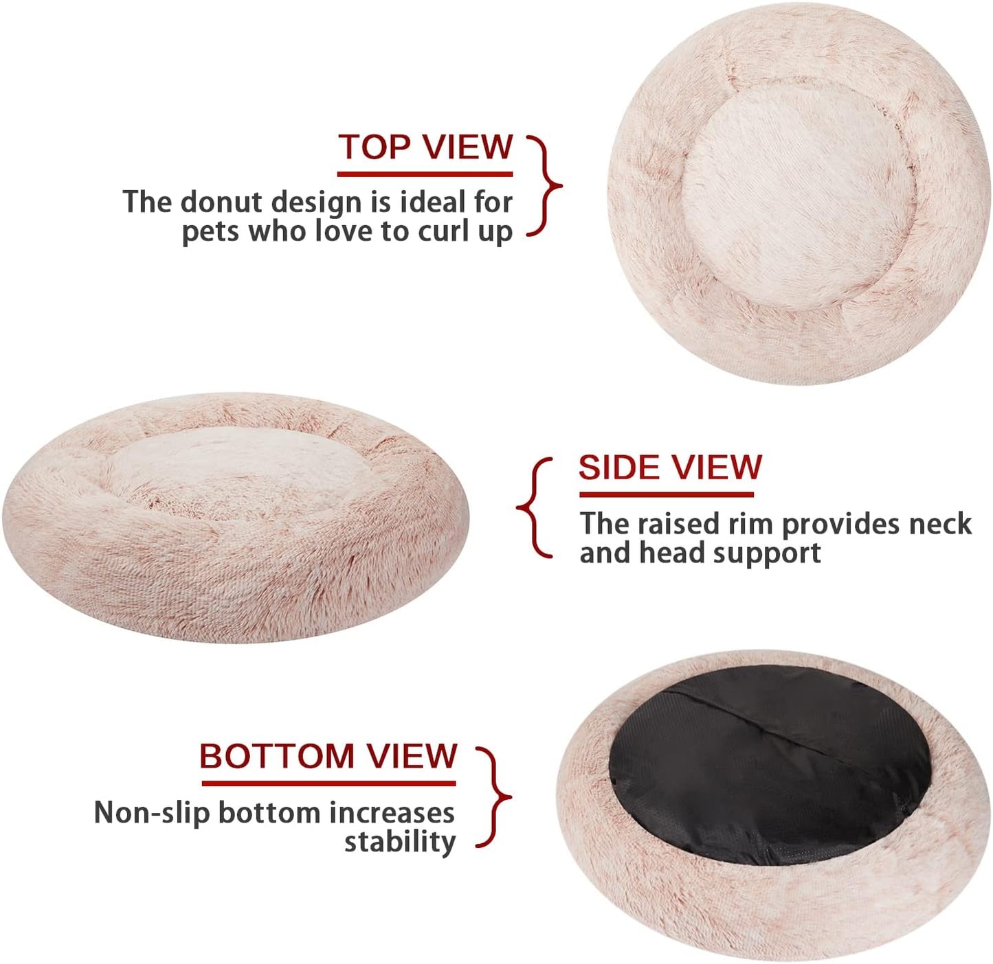 Bedfolks Calming Donut Dog Bed, 45-Inch Round Plush Anti-Anxiety Dog Bed, Washable with Non-Slip Bottom (Pink, Extra Large)