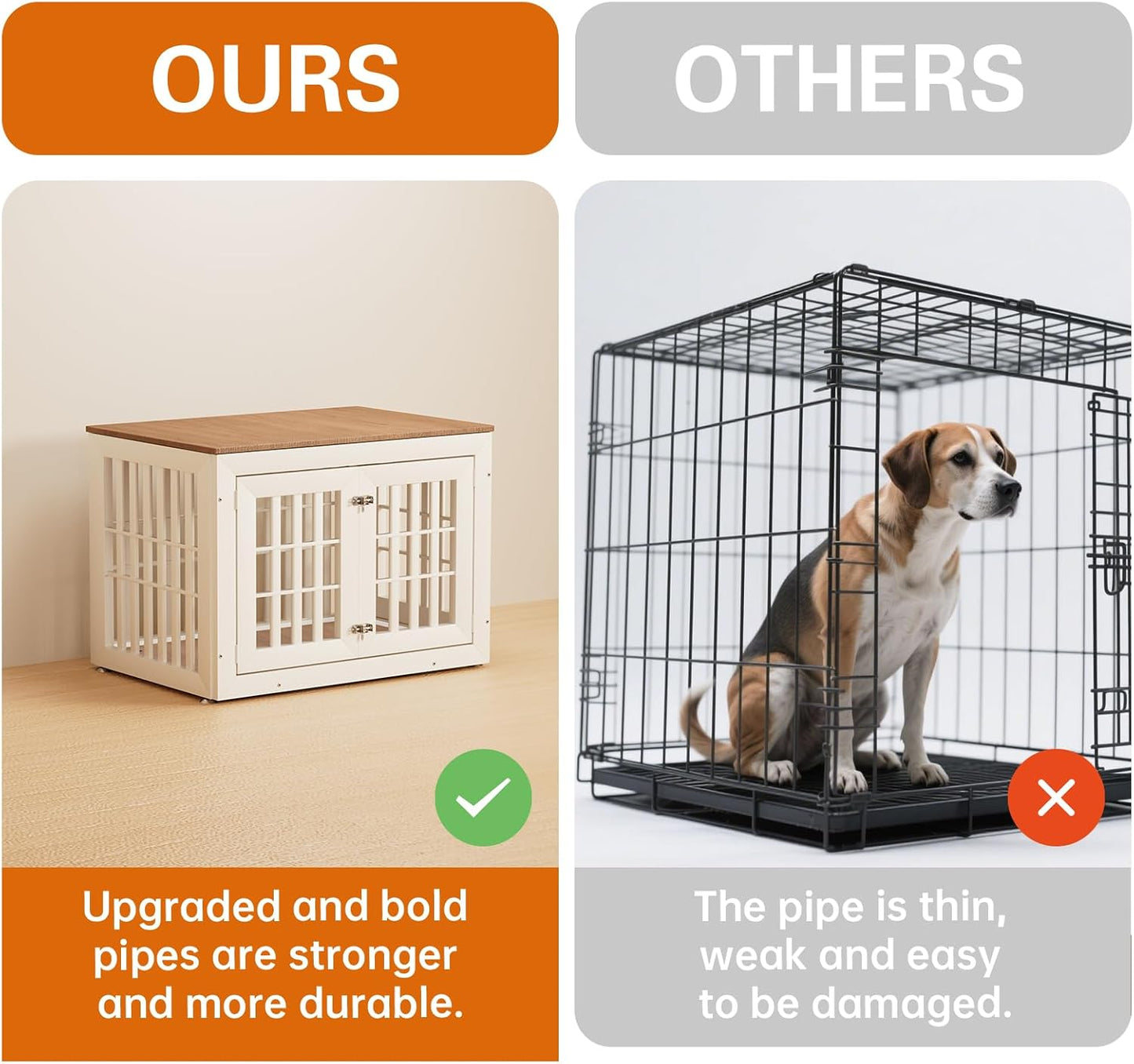 32" Heavy Duty Dog Crate Furniture for Small,Medium and Large Dogs,Rustic Wooden Dog Cage Kennel Indoor Furniture with Waterproof Top,Decorative Pet House Side End Table (White & Wood)