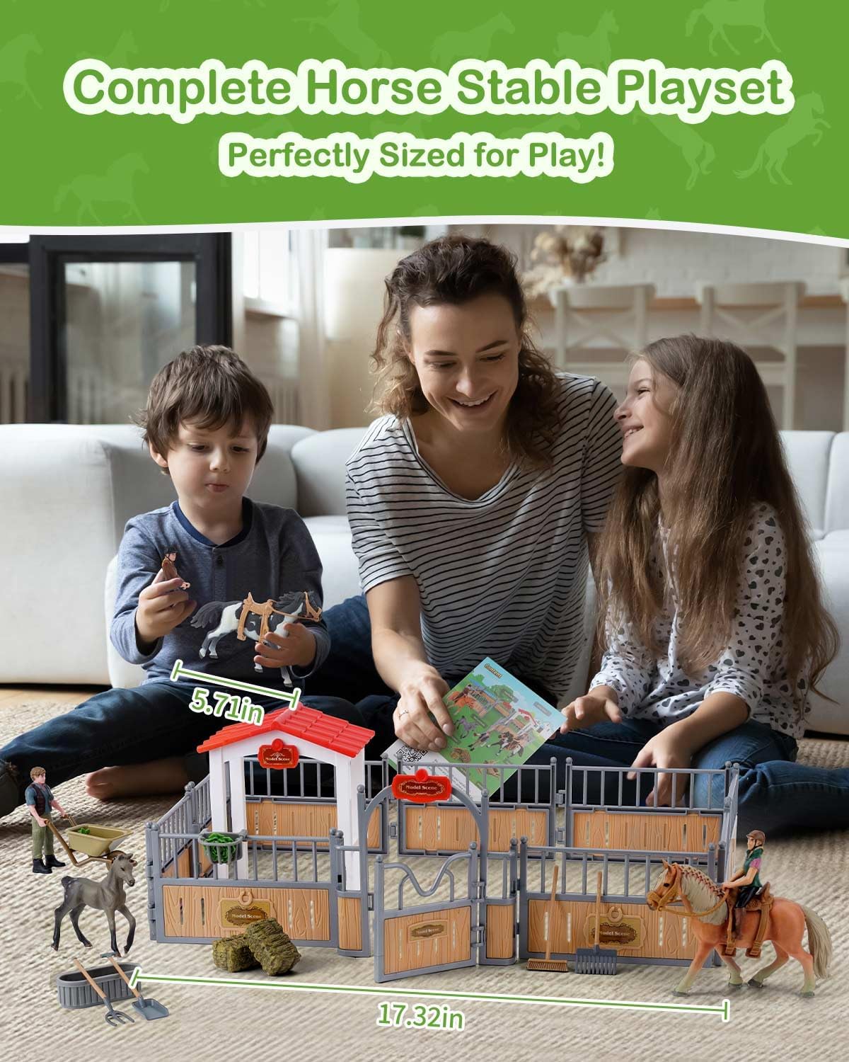 Horse Stable Playset, Horse Gifts for Girls and Boys with 3 Horses and 2 Riders, Horse Toys Set Farm Animals Toys for Kids 3 4 5 6 7 8+ (New Model), Green