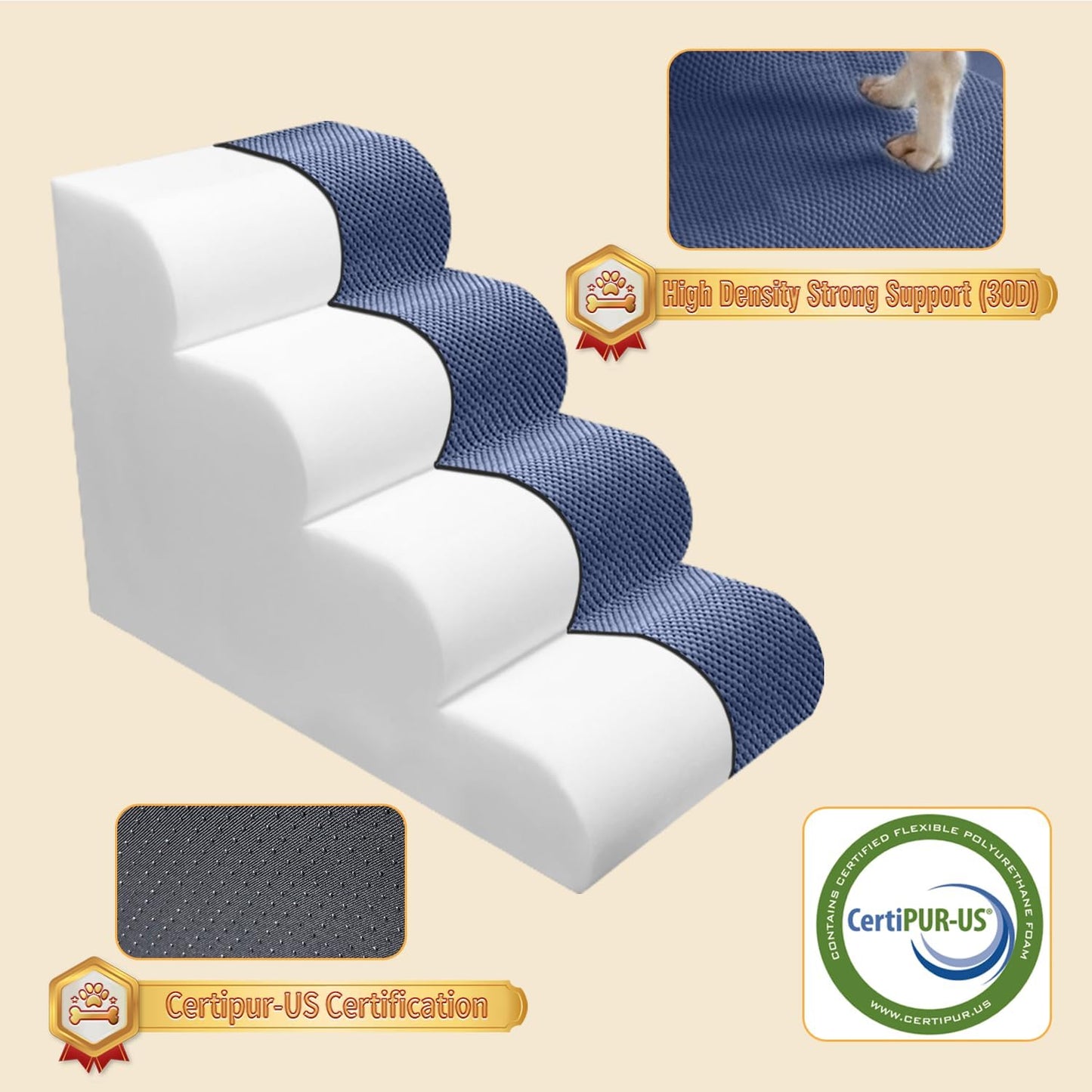 PAWSCART Dog Stairs for Small Dogs and Cats, 4-Step Dog Steps for Bed, 19.6" H Pet Stairs for High Bed, Pet Ramp for Couch, Sofa, Non-Slip Surface Removable Washable Cover, Blue