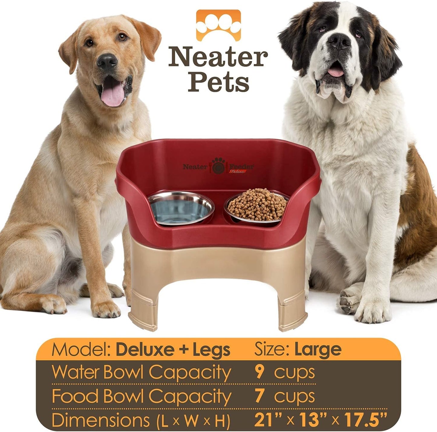 Neater Feeder Deluxe Mess Proof Dog Bowls Elevated for Large Dogs – Made in USA – No Spill Raised Dog Food Bowl Stand w/Leg Extensions – Stainless Steel Dog Food and Water Bowl Set – Red