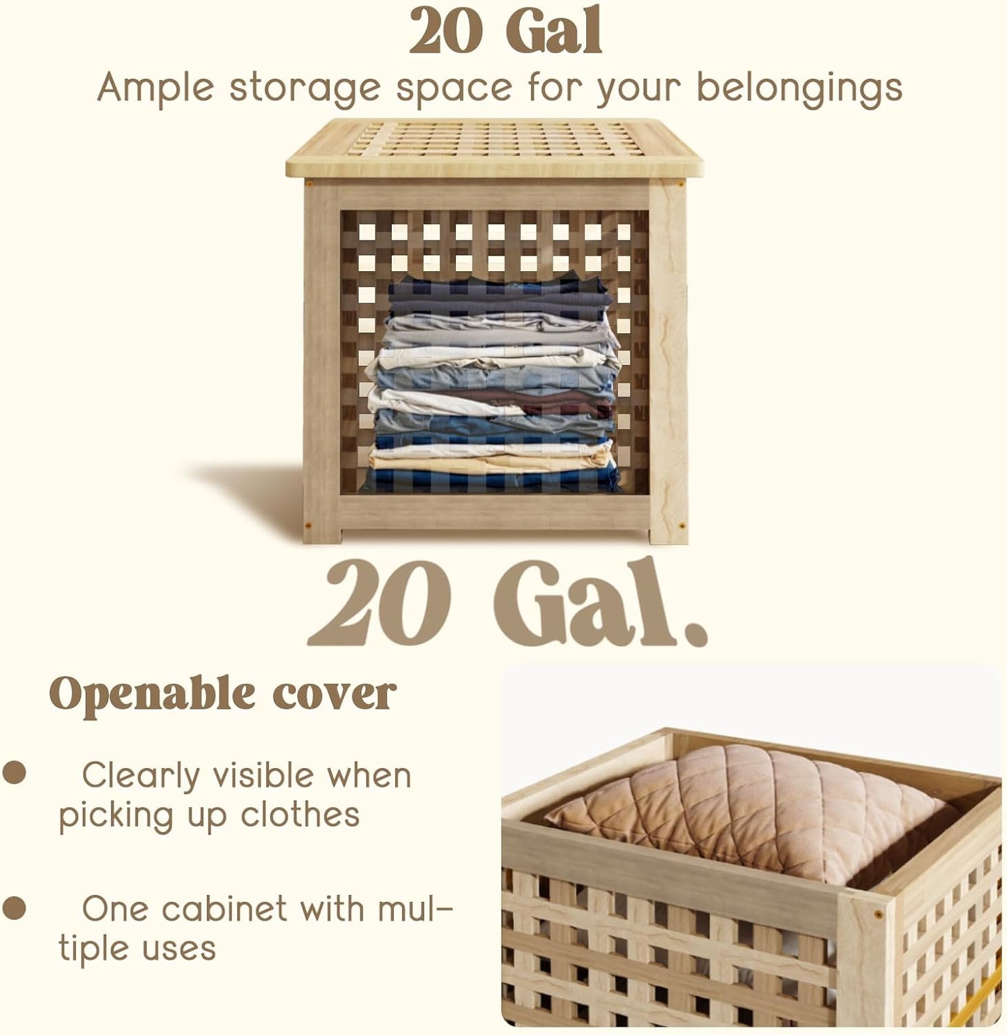 Bench with Storage, Acacia Laundry Hamper with Seat, Storage Benches with Seating for Entryway, Living Room, Bedroom, Bathroom (15.7x19.7x17.7in)